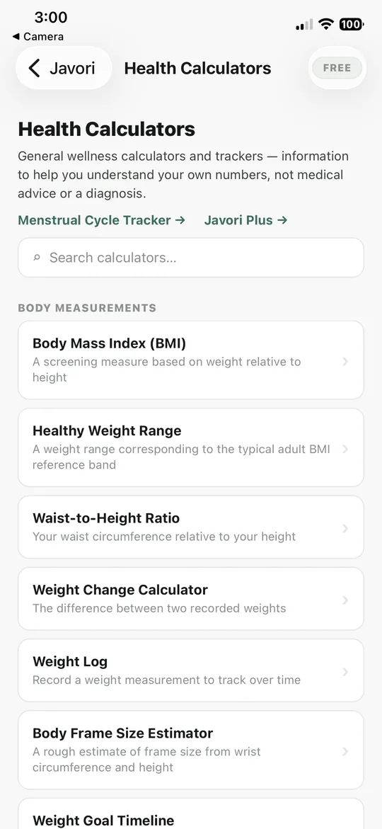 The list of Javori health calculators